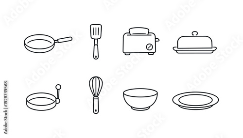Kitchen breakfast cooking tools: frying pan, spatula, toaster, butter dish, egg ring, whisk, mixing bowl, serving plate. . Thin consistent line stroke, outline