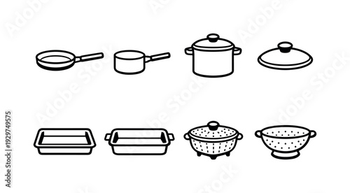 Home kitchen cookware basics: linear style frying pan, saucepan, stockpot, lid, baking tray, roasting dish, steamer basket, colander