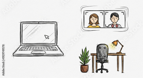 Remote workers collaborate on laptop with video call on screen at modern home office desk with chair plant and lamp