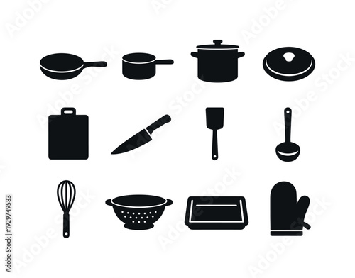 Home kitchen daily cookware: frying pan, saucepan, stock pot, lid, cutting board, chef knife, spatula, ladle, whisk, colander, baking tray, oven mitt