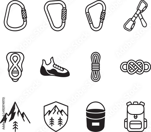 A collection of black and white icons for outdoor climbing and hiking activities