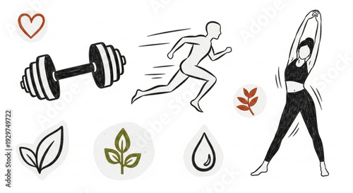 Fitness icons with woman exercising dumbbell runner heart and leaves for healthy lifestyle and wellness