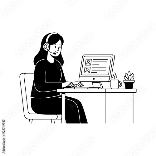 Female Customer Support Agent Working at Computer – Call Center Black and White Line Art Illustration