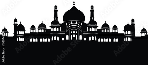 Silhouette of a grand mosque with multiple domes and minarets against a plain background architecture