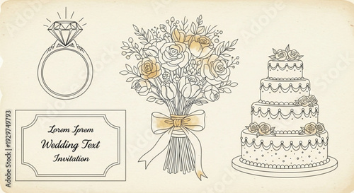 Wedding invitation card with ring bouquet and cake illustrations