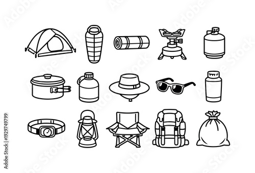 Outdoor canyon camping gear: linear style dome tent, sleeping bag, sleeping pad, camp stove, fuel canister, cooking pot, water canteen, wide brim hat,