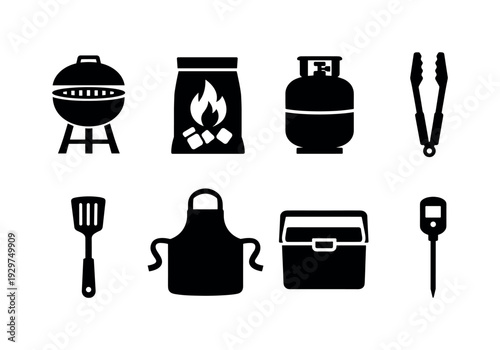 Outdoor barbecue essentials: grill, charcoal bag, propane tank, grilling tongs, spatula, apron, cooler, meat thermometer