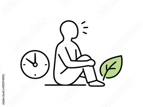 Mindful workday recovery and sustainable focus in everyday professional life focused on balance and wellbeing, a seated figure pausing beside a small clock and