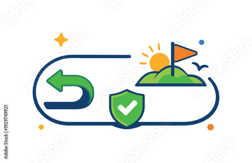 Reversible life design and keeping exit options open in long-term commitments, a clean looped path with a visible return arrow and a simple checkpoint icon