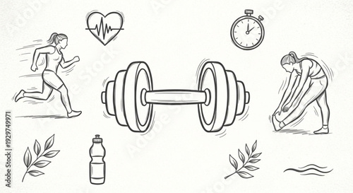 Fitness icons with dumbbell runners and health symbols on white background