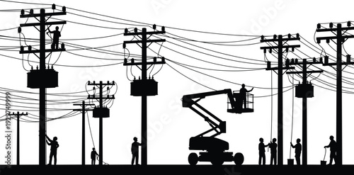 Silhouette of workers repairing power lines with a lift truck and utility poles