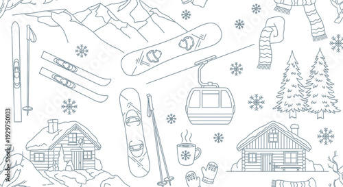 Outline Seamless Pattern of Winter Sports Elements Featuring Skis, Snowboard, Gondola, Snowy Chalets, and Warm Beverages on an isolated white background.