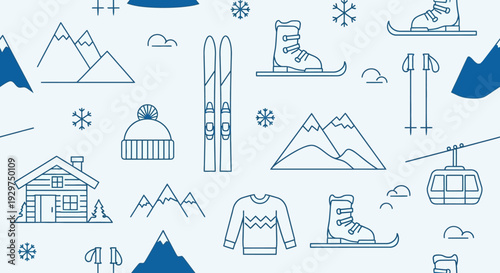 Seamless Pattern with Minimalist Winter Mountain Elements and Ski Resort Icons on Light Blue Background