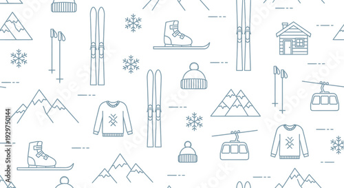 Winter Sports Seamless Pattern Background with Ski and Mountain Elements in Line Art Style