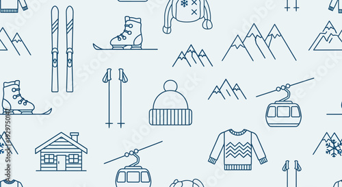 Winter Sports Seamless Pattern Background with Ski Resort Elements and Mountain Adventures