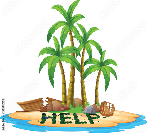Tropical Desert Island Shipwreck Scene with Broken Boat and HELP Sign