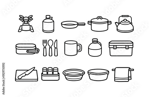 Camping cooking gear: linear style camping stove, fuel canister, frying pan, cooking pot, kettle, mess tin, cutlery set, mug, water canteen, cooler box, cutting