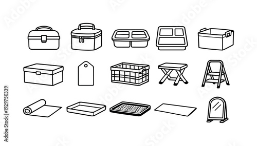 Home lunchbox storage organization items: linear style lunchbox, insulated bag, food container, divider insert, fabric bin, storage box, label tag, storage