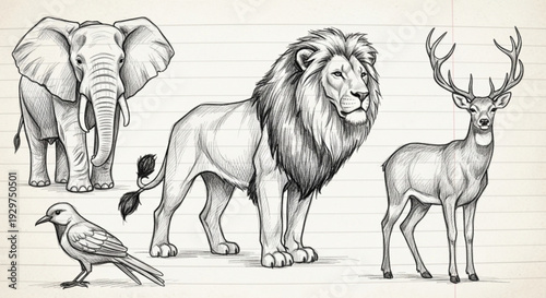 Wild animals lion elephant deer and bird standing together pencil drawing wildlife illustration safari nature conservation animals zoo