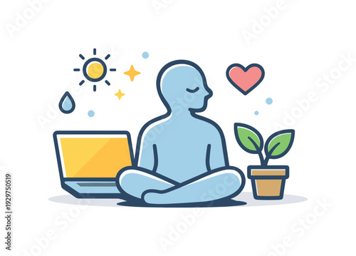 Healthy work-life balance in a connected modern lifestyle emphasizing sustainable routines and wellbeing, a laptop placed beside a calm human silhouette and a