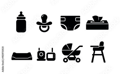 Home baby care items: baby bottle, pacifier, diaper, wipes pack, changing mat, baby monitor, stroller, high chair
