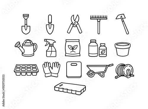 Outdoor spring gardening tools: linear style garden shovel, hand trowel, pruning shears, rake, hoe, watering can, spray bottle, soil bag, fertilizer bottle,