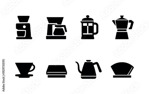 Home coffee brewing tools: coffee grinder, drip brewer, french press, moka pot, pour over dripper, coffee scale, kettle, filter holder