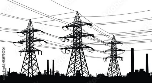 Three black power transmission towers with numerous voltage wires against a city skyline industrial