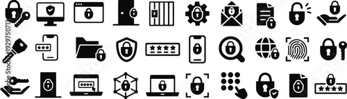 Collection of security and privacy icons with locks and keys for digital protection and access