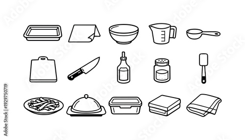 GoHome roasted parsnip strips tools: linear style baking tray, parchment paper, mixing bowl, measuring cup, measuring spoon, spatula, cutting board, chef knife,