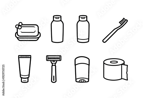 Home bathroom hygiene essentials: linear style soap bar, shampoo bottle, conditioner bottle, toothbrush, toothpaste tube, shaving razor, deodorant stick, toilet