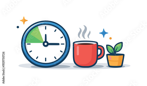 Healthy workday cadence and intentional break management for professionals, a desk clock paired with a coffee cup and a small plant symbolizing balanced effort