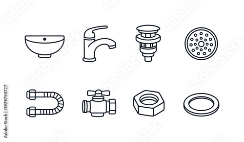 Home bathroom sink hardware: sink basin, faucet, drain stopper, drain strainer, supply hose, shutoff valve, mounting nut, gasket ring. . Thin consistent line