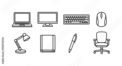 Creator workspace setup in linear style: laptop, external monitor, keyboard, mouse, desk lamp, notebook, pen, office chair