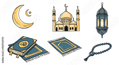 Islamic symbols collection including mosque prayer rug quran lantern rosary and crescent moon on white background perfect for ramadan