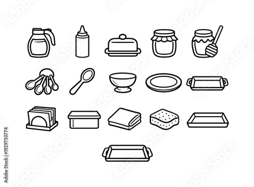 Home kitchen pancake topping station: linear style syrup bottle, squeeze bottle, butter dish, jam jar, honey jar, measuring spoon, serving spoon, dessert bowl,