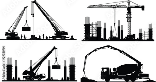 Silhouettes of construction cranes and trucks lifting at a building site