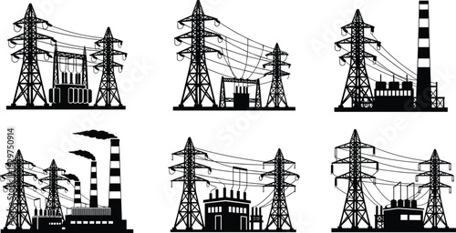 Six black and white industrial power station and transmission tower with various buildings and structures