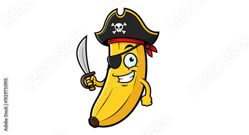 Whimsical Yellow Banana Pirate Mascot Holding a Shiny Sword and Wearing an Eyepatch