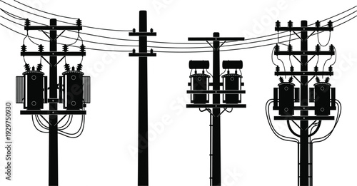 Three black utility poles with electrical transformers and wires in a linear arrangement black and white