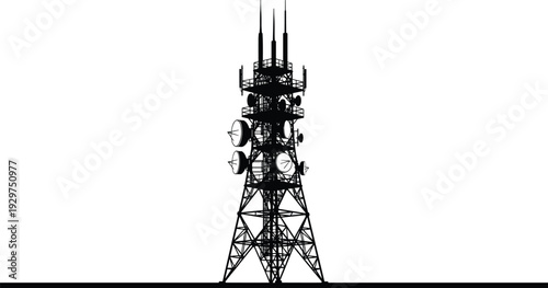 Tall black and white communication tower with multiple antennas and satellite dishes on a white background