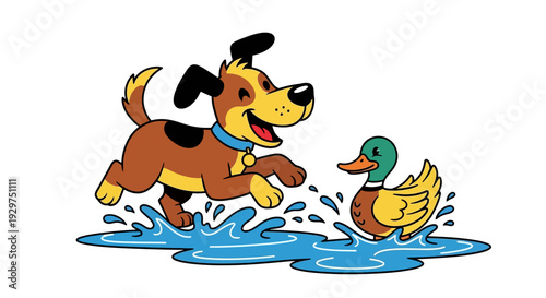 Playful cartoon dog and duck splashing together in the water with joyful excitement
