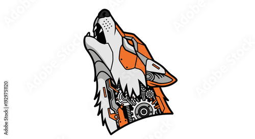 Dynamic robotic wolf head illustration with detailed technological components