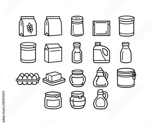 Home baking ingredients containers: linear style flour bag, sugar bag, salt jar, yeast packet, cocoa tin, baking powder can, baking soda box, vanilla bottle,