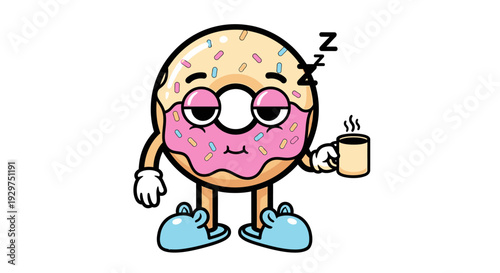 Tired Cartoon Donut Character Enjoying Morning Coffee in Blue Slippers