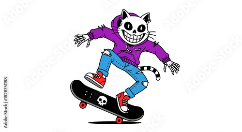 Dynamic cat skeleton illustration embodies the energetic skateboarding subculture spirit
