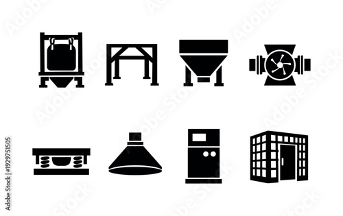 Industrial material feed systems: bulk bag unloader, steel support frame, discharge hopper, rotary valve, vibration table, dust hood, control cabinet, safety