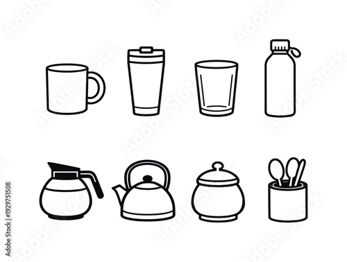 Office breakroom drinkware: linear style ceramic mug, travel tumbler, glass cup, water bottle, coffee carafe, tea kettle, sugar jar, spoon holder