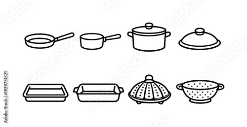 Home kitchen cookware basics: linear style frying pan, saucepan, stockpot, lid, baking tray, roasting dish, steamer basket, colander