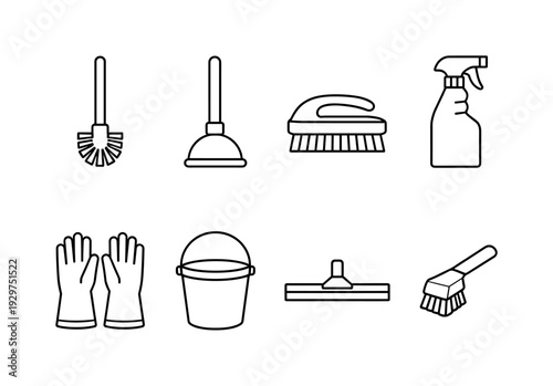 Home bathroom cleaning equipment: linear style toilet brush, plunger, scrub brush, spray bottle, cleaning gloves, bucket, floor squeegee, grout brush